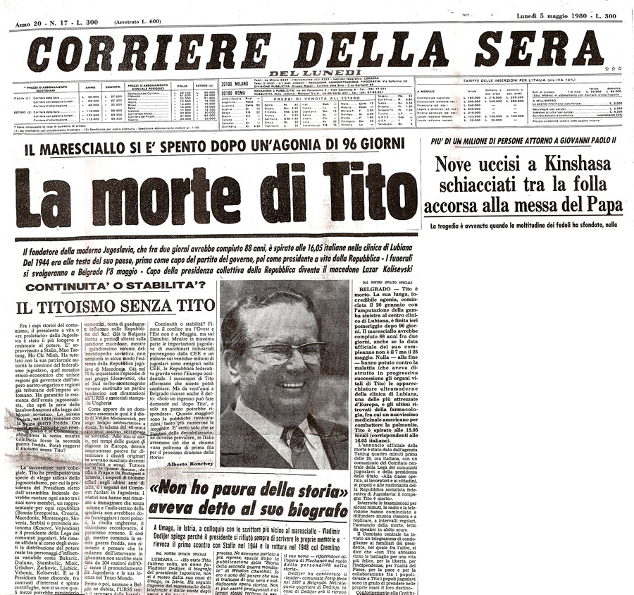 Testata del Corriere della Sera del 5 
		maggio 1980 con la notizia della morte di Tito